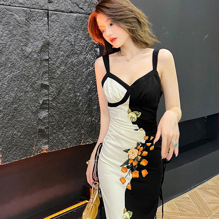 ワンピース ノースリーブ タイト ドレス 膝丈 花柄 膝下 ミモレ キャバ 