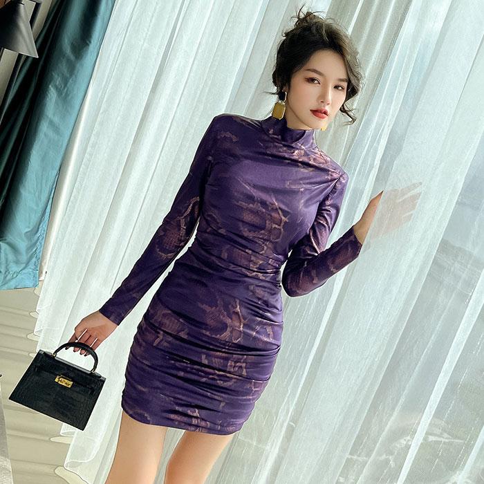 ハイネック仕立て 長袖ショートタイトドレスワンピース 紫