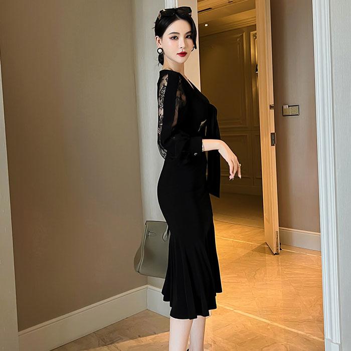 シースルーレース長袖 ミモレ丈タイトドレスワンピース 黒 結婚