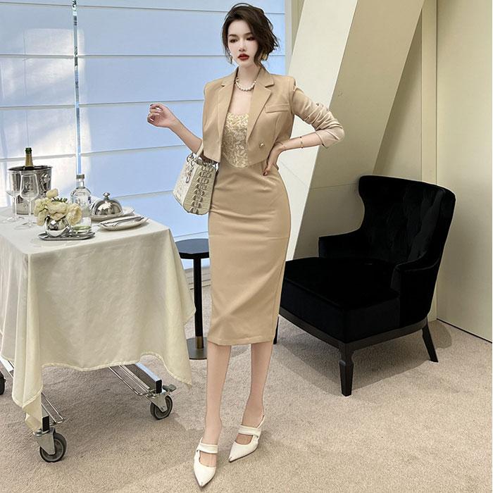 レース胸元ワンピース 長袖ジャケット 膝丈セットアップアンサンブル ベージュ 結婚式 同窓会 忘年会 新年会 韓国 N11aa2 070c エトワール神戸 通販 Yahoo ショッピング