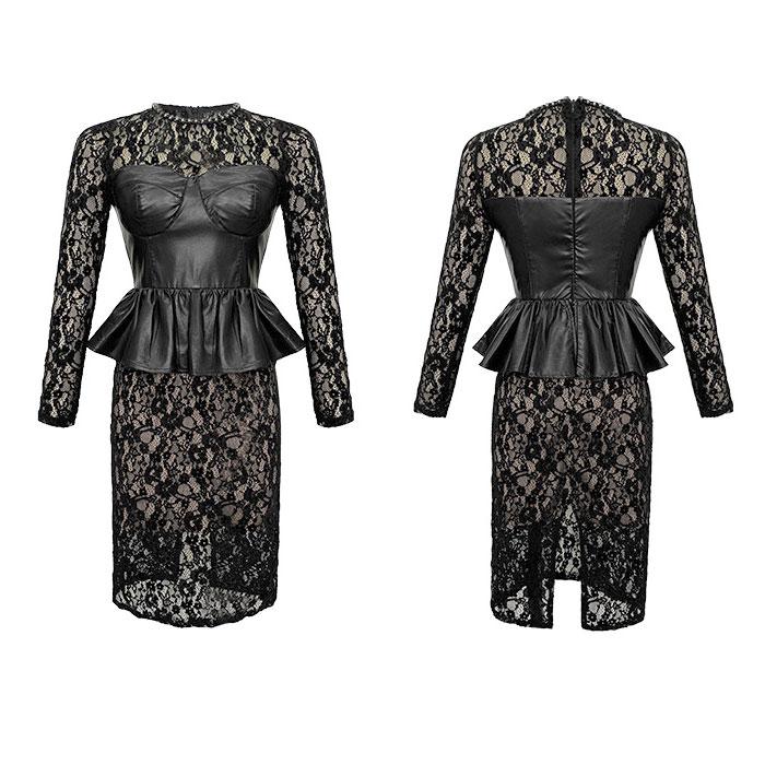 シースルーレース フェイクレザー 膝丈長袖タイトワンピース 黒