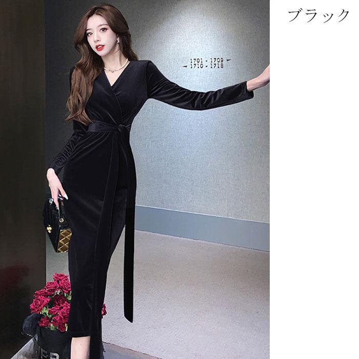 上品ベルベット ハイウエスト腰帯 膝下ミモレ丈長袖ドレス
