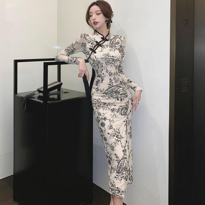 ハイネックマオカラー ロングスリット 長袖チャイナドレス