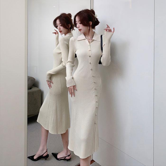 シンプルスレンダー仕立て 長袖ロングニットワンピース 黒