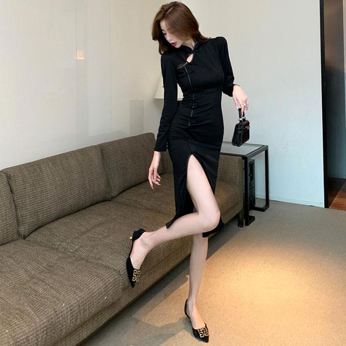 受注生産品】 新作 ロングスカート ワンピース 黒 美脚 韓国 ドレス スリット 新作 ロングスカート ワンピース 黒 美脚 韓国 ドレス スリット