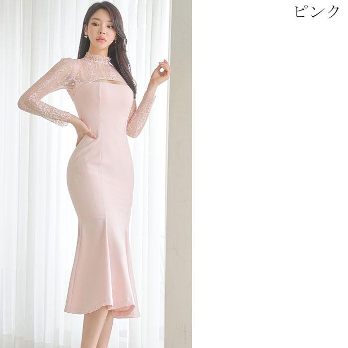 シースルーレース長袖トップ 胸元開き 膝丈タイトワンピース シースルーレース長袖トップ 胸元開き 膝丈タイトワンピース