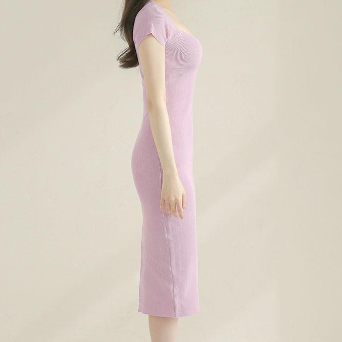 胸元開き 半袖タイトニット膝丈ワンピース ピンク ニット 胸元開き 半袖タイトニット膝丈ワンピース ピンク ニット