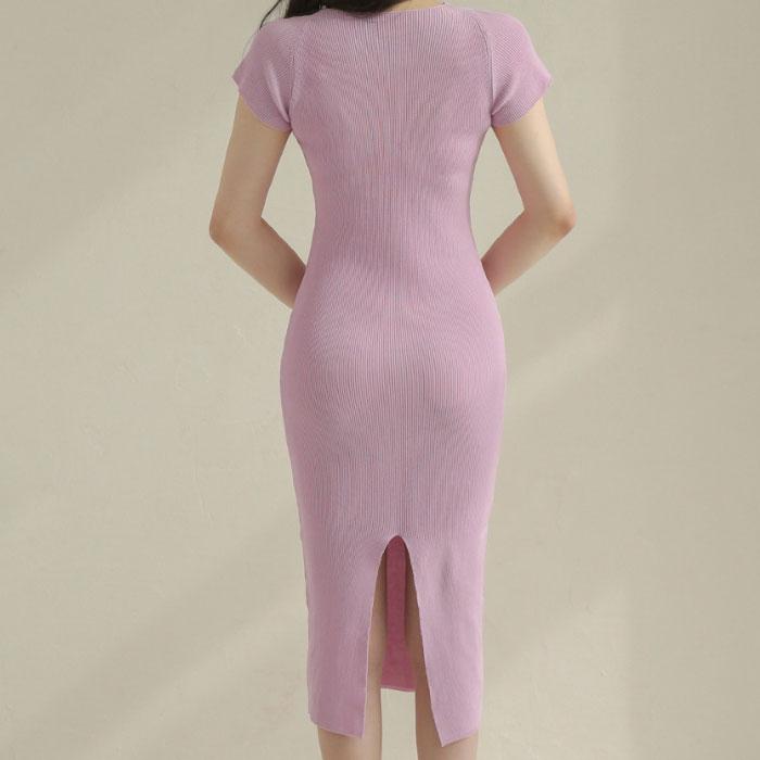 胸元開き 半袖タイトニット膝丈ワンピース ピンク ニット 胸元開き 半袖タイトニット膝丈ワンピース ピンク ニット
