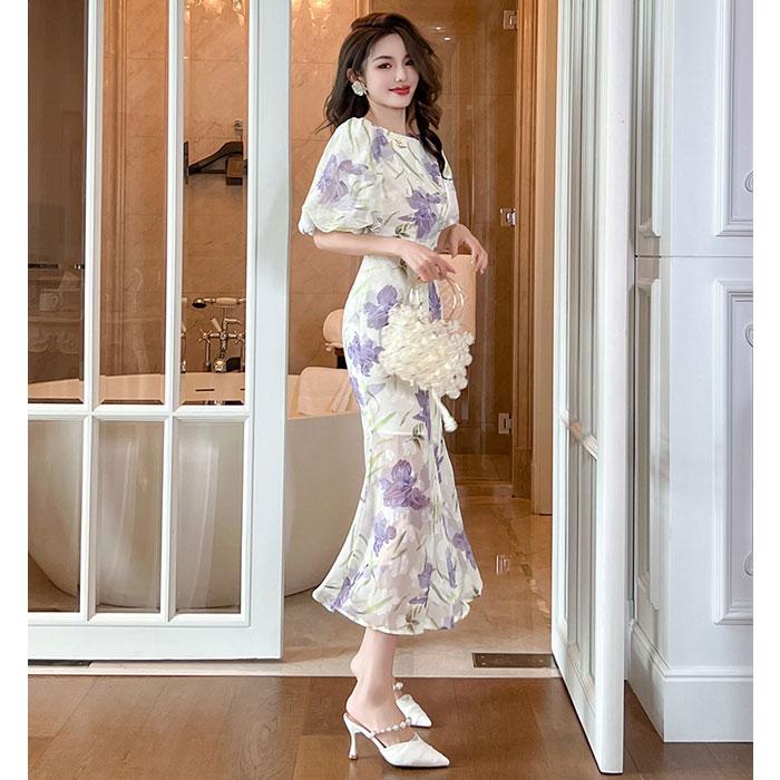 花柄チュールパフスリーブワンピースロングドレス Leja（レジャ）の「【LEJA】花柄刺繍レースチュールパフスリーブ