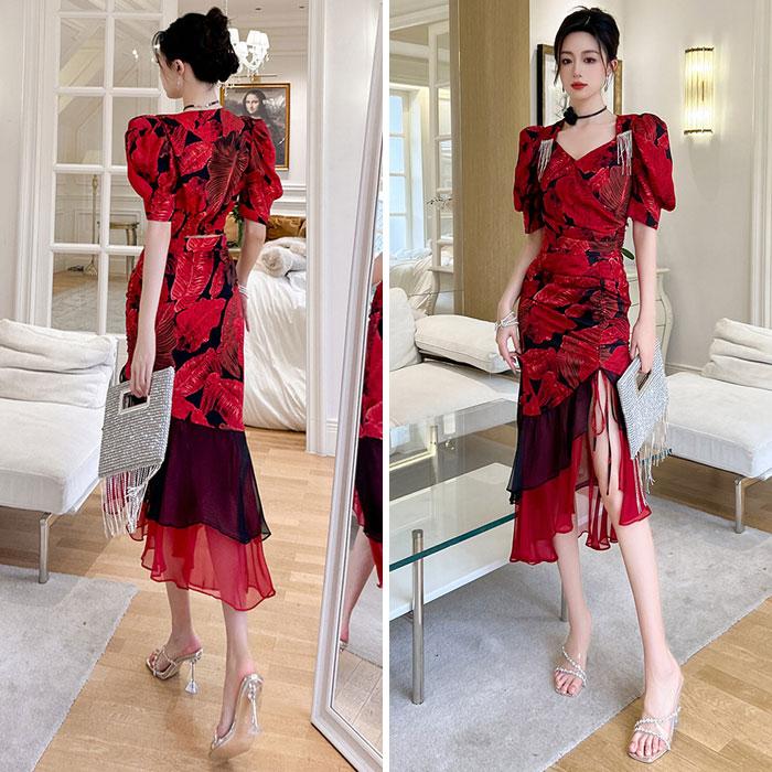 ヘムラインフリルスカート 半袖トップスセットアップ 赤×黒 結婚式 