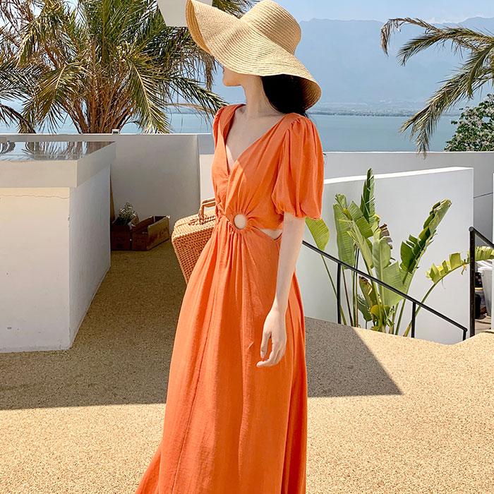 ヌキテパ ドビーVネックドレス ロングワンピース コットン オレンジ M インド ヌキテパ ドビーVネックドレス ロングワンピース コットン