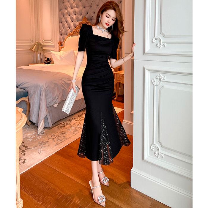 スクエアネック五分袖 シースルー裾ロングタイトワンピース 黒 結婚式 お呼ばれ パーティー ドレス 韓国