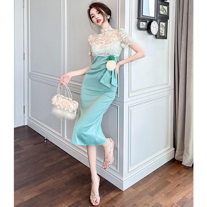 タンゴドレス　ミントグリーン ワンピース 半袖 シースルーレース刺繍 小花コサージュ 膝丈半袖ドレスワンピース