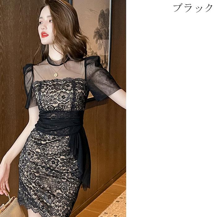 シースルーチュール半袖 レース刺繍ショートタイトワンピース 黒 シースルーチュール半袖 レース刺繍ショートタイトワンピース 黒