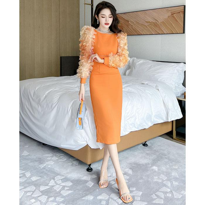 ハイウエストビジューライン 長袖膝丈タイトワンピース オレンジ  
