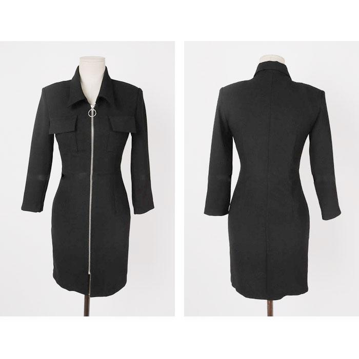 七分袖センタージッパージャケット風 ショートタイトミニ