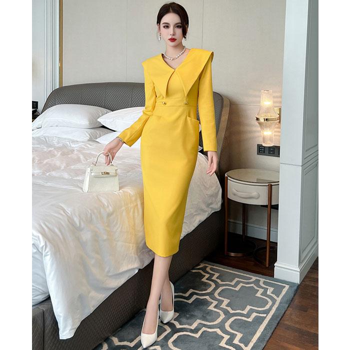 大きめ襟 トレンチ風 長袖ミモレ丈ワンピース 黄 オレンジ