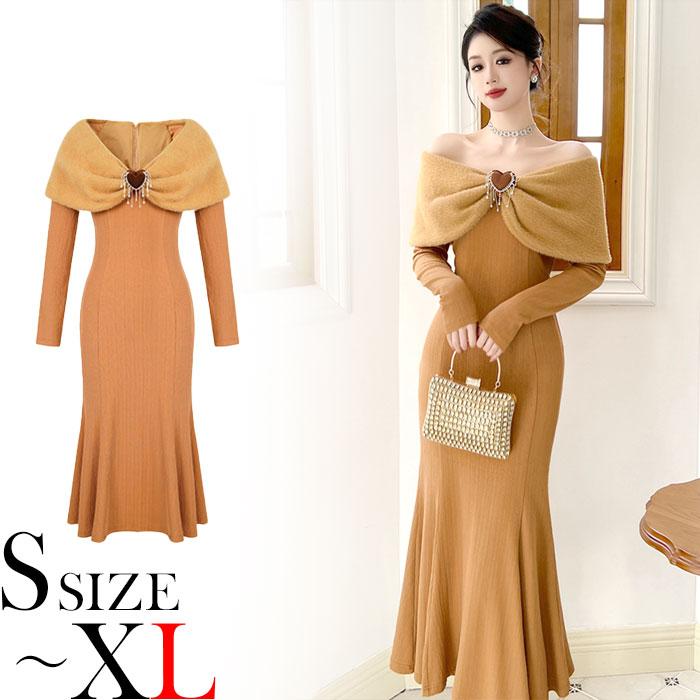 肩出し重ね着風 ハートブローチ 長袖タイトロングドレス