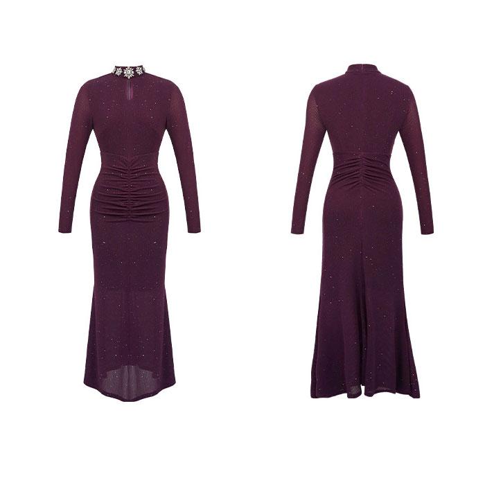 ネックビジュー ストレッチタイト 長袖ロングドレスワンピース