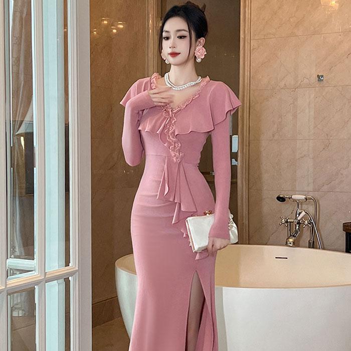 韓国発】淡いピンクフリルウエスト開きスリットキャバドレス