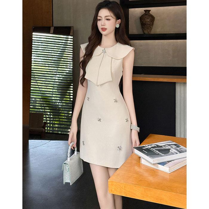 韓国 服 レディース ワンピース ベージュ ノースリーブ キャバドレス ベージュ ネックタイビジュー付属 ノースリーブショートスレンダー