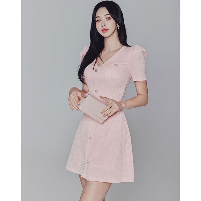 Vネック胸元 前ボタンパフスリーブ半袖 ショートワンピース