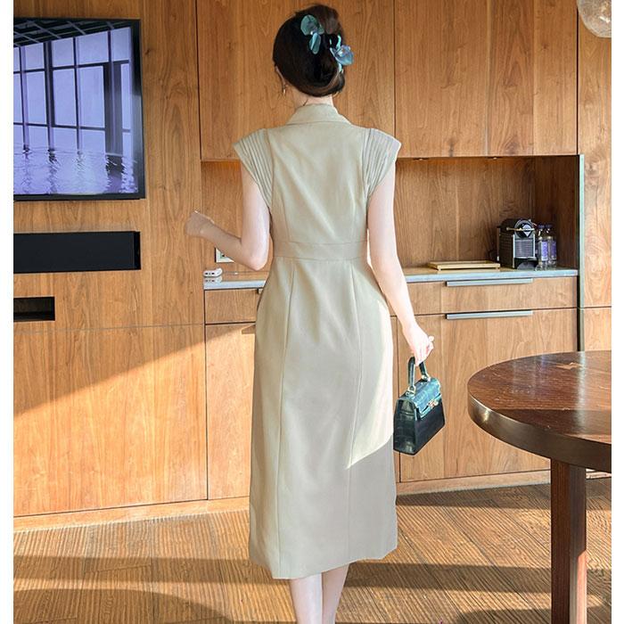 襟付きカシュクール胸元 トレンチ風ノースリーブロング