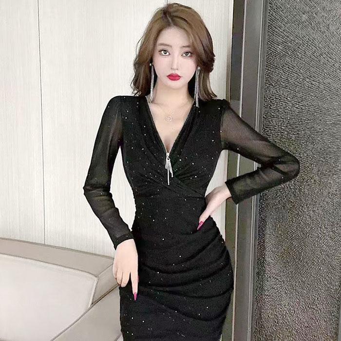 ワンピース パーティー 韓国 プラスサイズ ドット柄 シースルー ティカ Tika ドット柄シースルーパフスリーブガーリースタイル袖