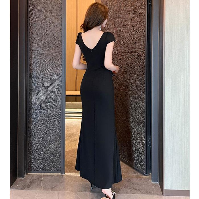 胸元大胆開き 半袖タイトロングスリット ビジュードレス