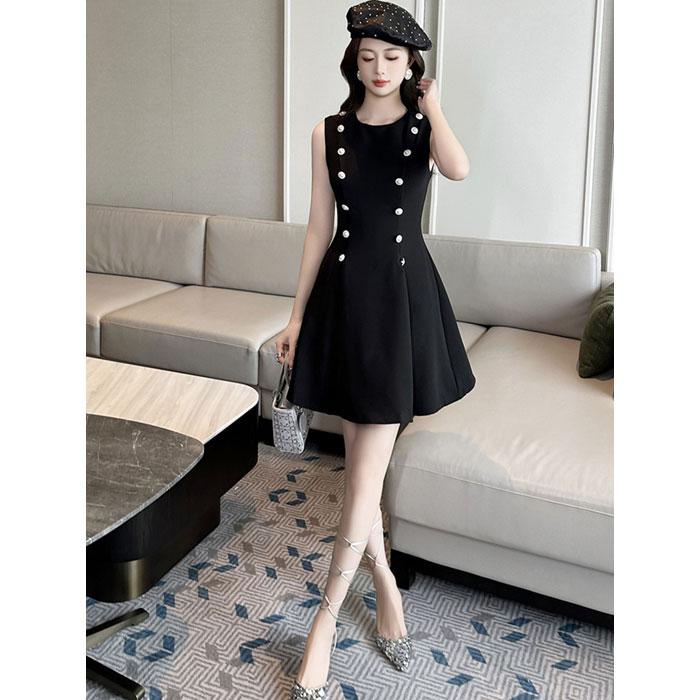 両サイドボタン ノースリーブショートフレアワンピース 黒