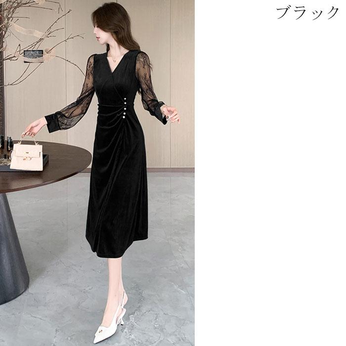 シースルー刺繍長袖 Vネック胸元 膝丈細見えドレスワンピース 黒 シースルー刺繍長袖 Vネック胸元 膝丈細見えドレスワンピース 黒
