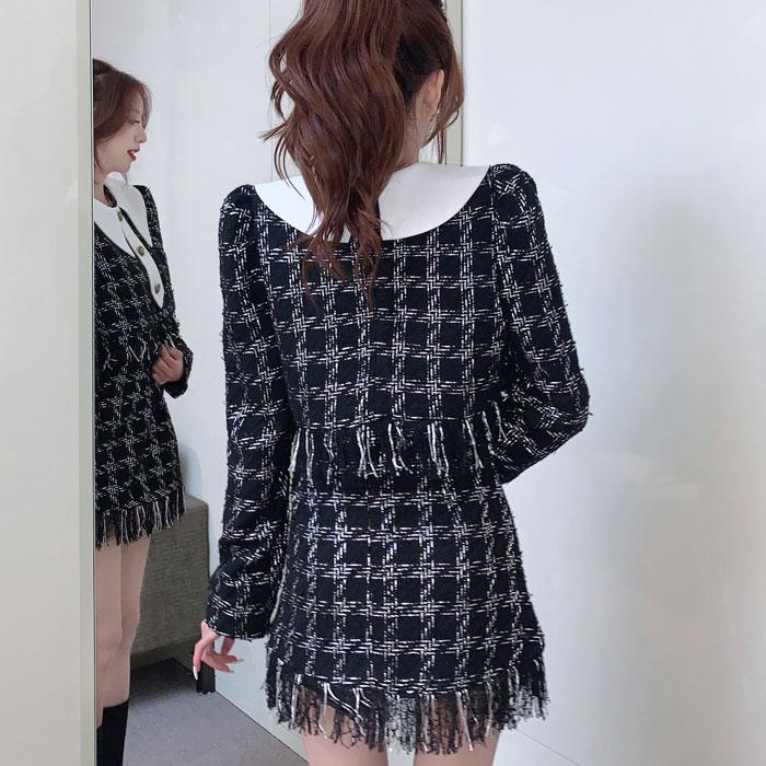 襟付きツイード長袖ジャケット エレガントショートセットアップ