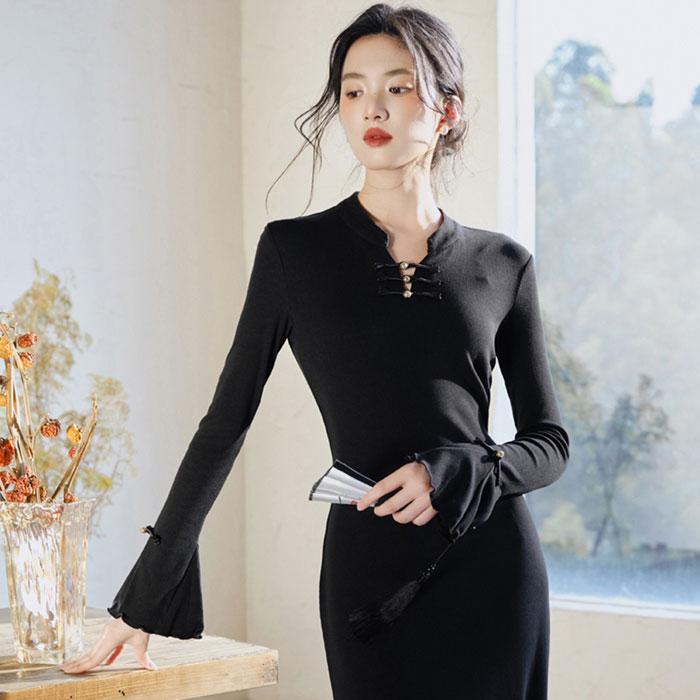 ベルスリーブ長袖 フレアスカート ロングタイトワンピース 黒