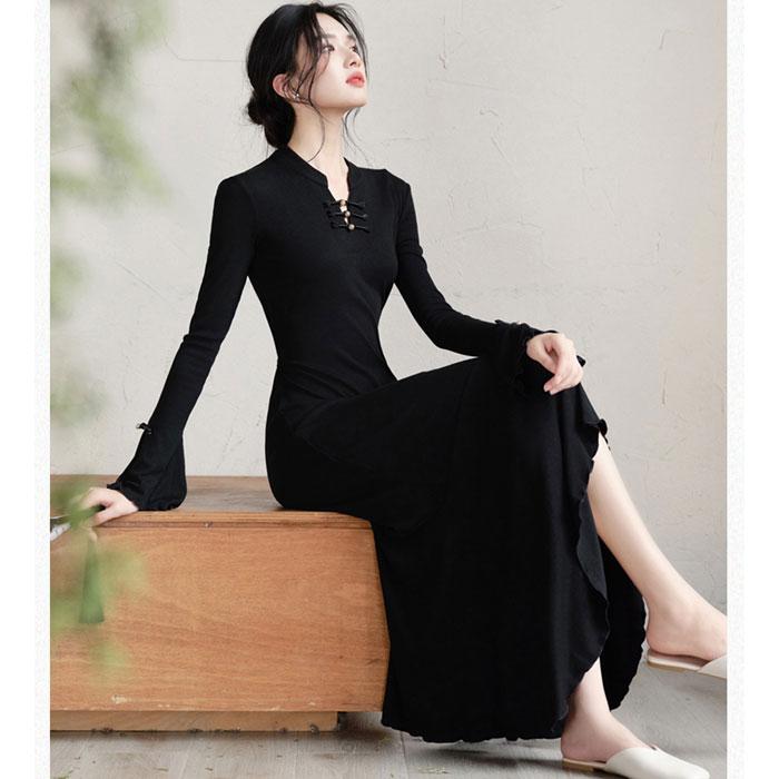 ベルスリーブ長袖 フレアスカート ロングタイトワンピース 黒