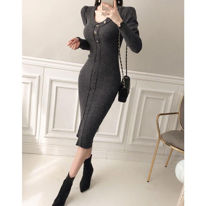 胸元開き前ボタン 長袖膝丈タイトニットワンピース グレー