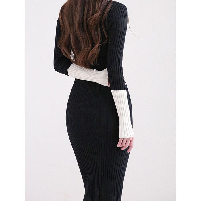 襟付き胸元開き 長袖膝丈タイトニットワンピース 黒×白