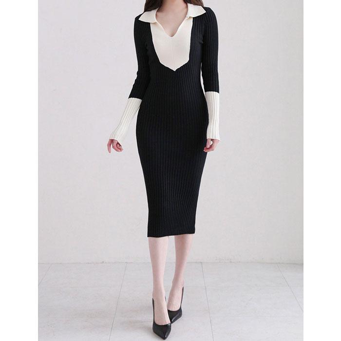 近年♡美品♡ルネ 白襟 ビジュー ニットワンピース ロング ブラック 36 襟付き胸元開き 長袖膝丈タイトニットワンピース 黒×白