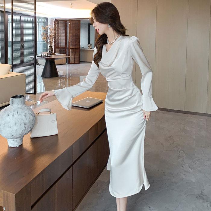 ベルスリーブ長袖 ドレープマーメイド ミモレ丈ドレスワンピース
