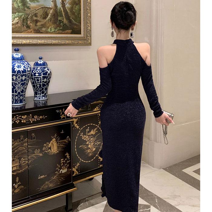 マオカラーチャイナドレス風 肩出し長袖ロングドレスワンピース