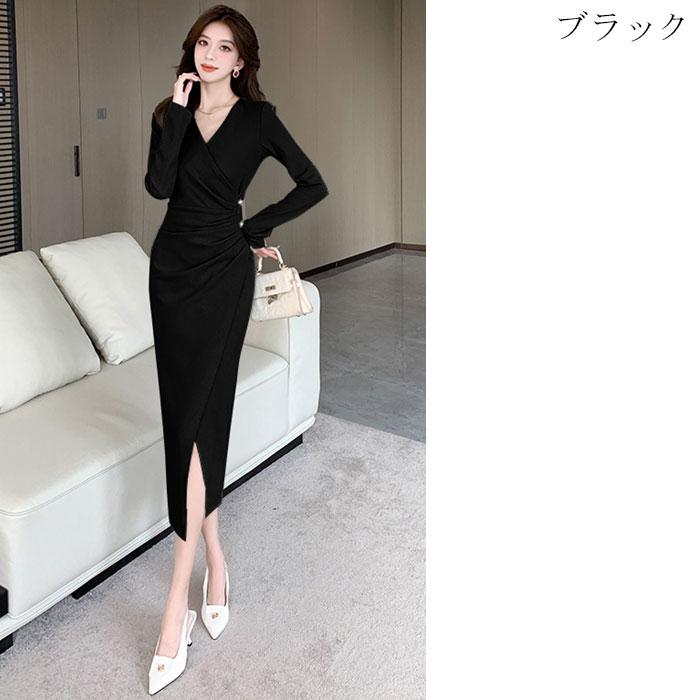 カシュクールVネック 長袖スリットタイトロングワンピース 黒 赤