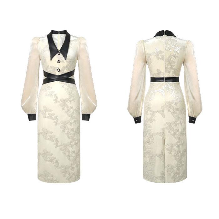 Tabrik ホワイト・ベージュ 長袖ワンピース AIDMAX】丈長/ドレス/ワンピース/アイボリー/袖あり/レース