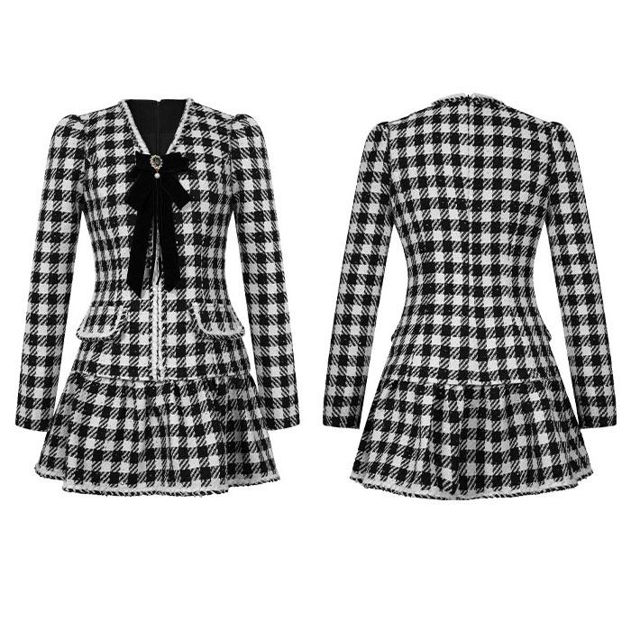 胸元リボン チェック柄フリルスカート 長袖ショートワンピース