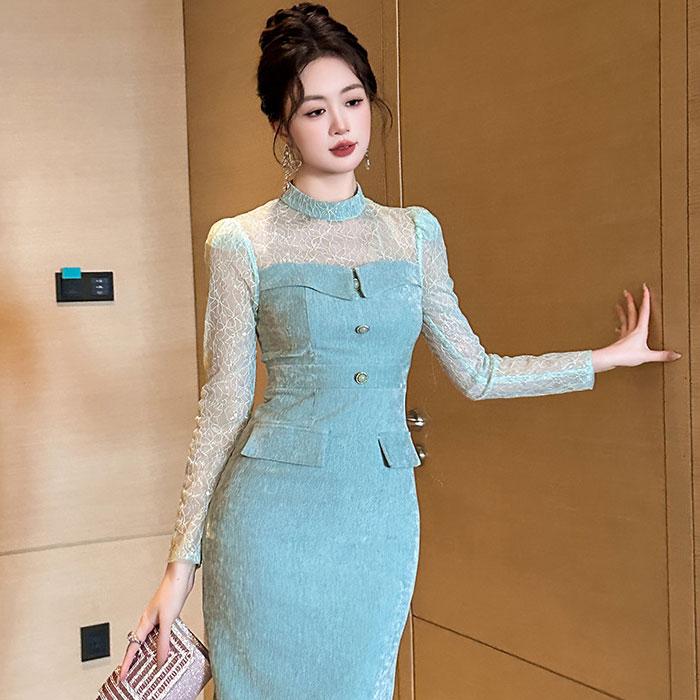 シースルー長袖 ベルベット生地 膝丈タイトワンピース 青緑 韓国