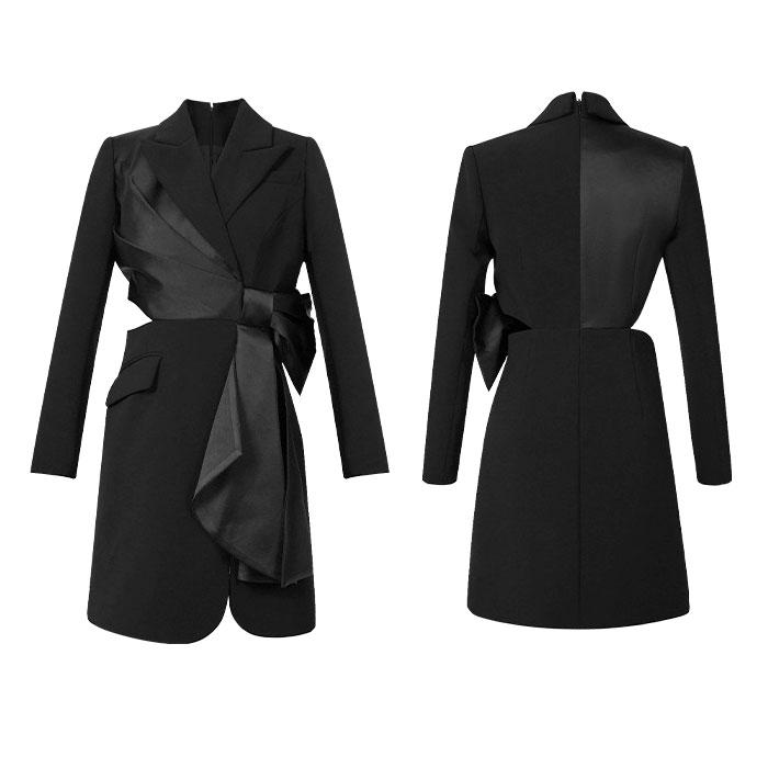 ウエストリボン絞り 襟付きカシュクール胸元 長袖ショート