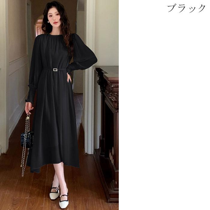 シースルーシフォン長袖 ベルト付きロングフレアワンピース 白