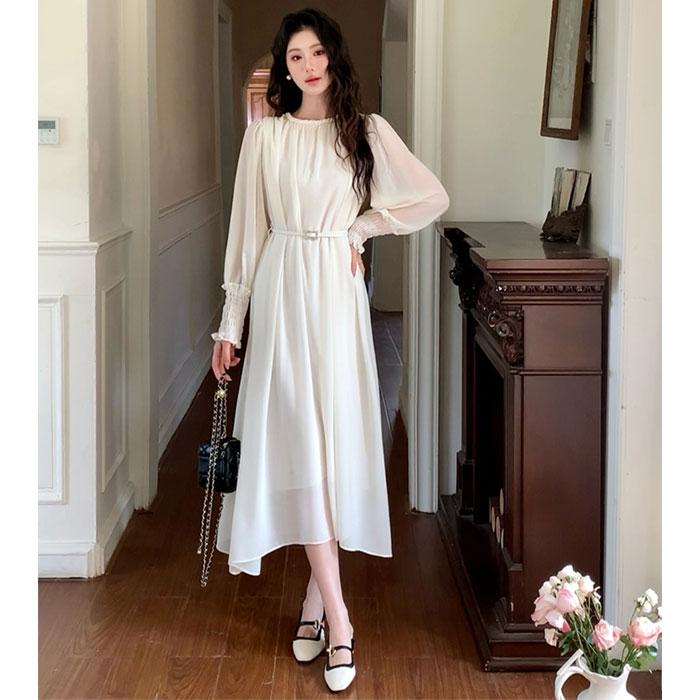 シースルーシフォン長袖 ベルト付きロングフレアワンピース 白