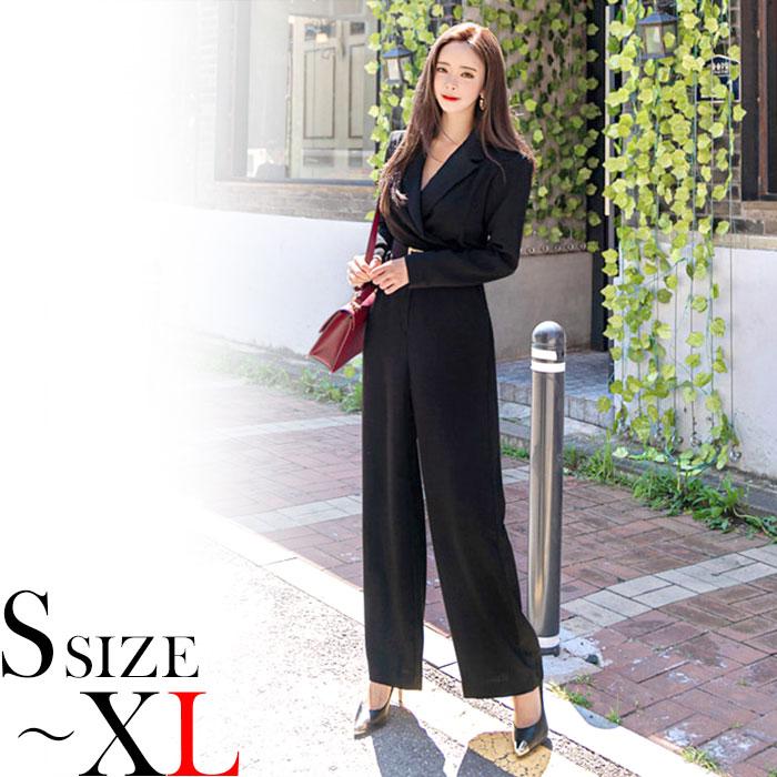 めるつページ 襟付きVネック胸元 ワイドロングパンツ 長袖オールインワンワンピース