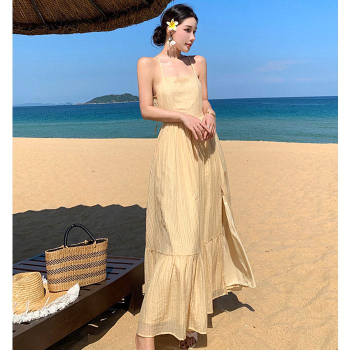 キャミソールノースリーブ胸元開き マキシ丈フレアリゾート