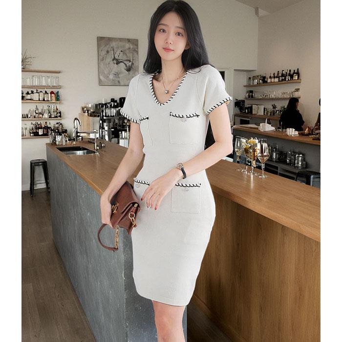 胸元ポケット 半袖ショートタイトニットワンピース ベージュ 黒