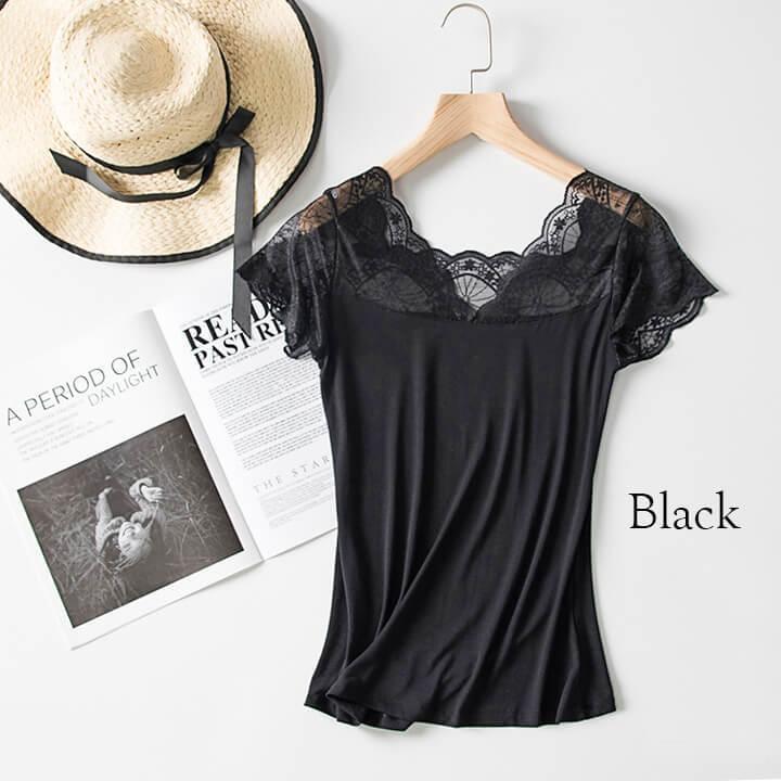 レディースインナー 半袖 レース 袖付き 肌着 見せインナー 花柄 ドレスインナー ワンピースインナー シンプル 透け防止 | You Color | 03